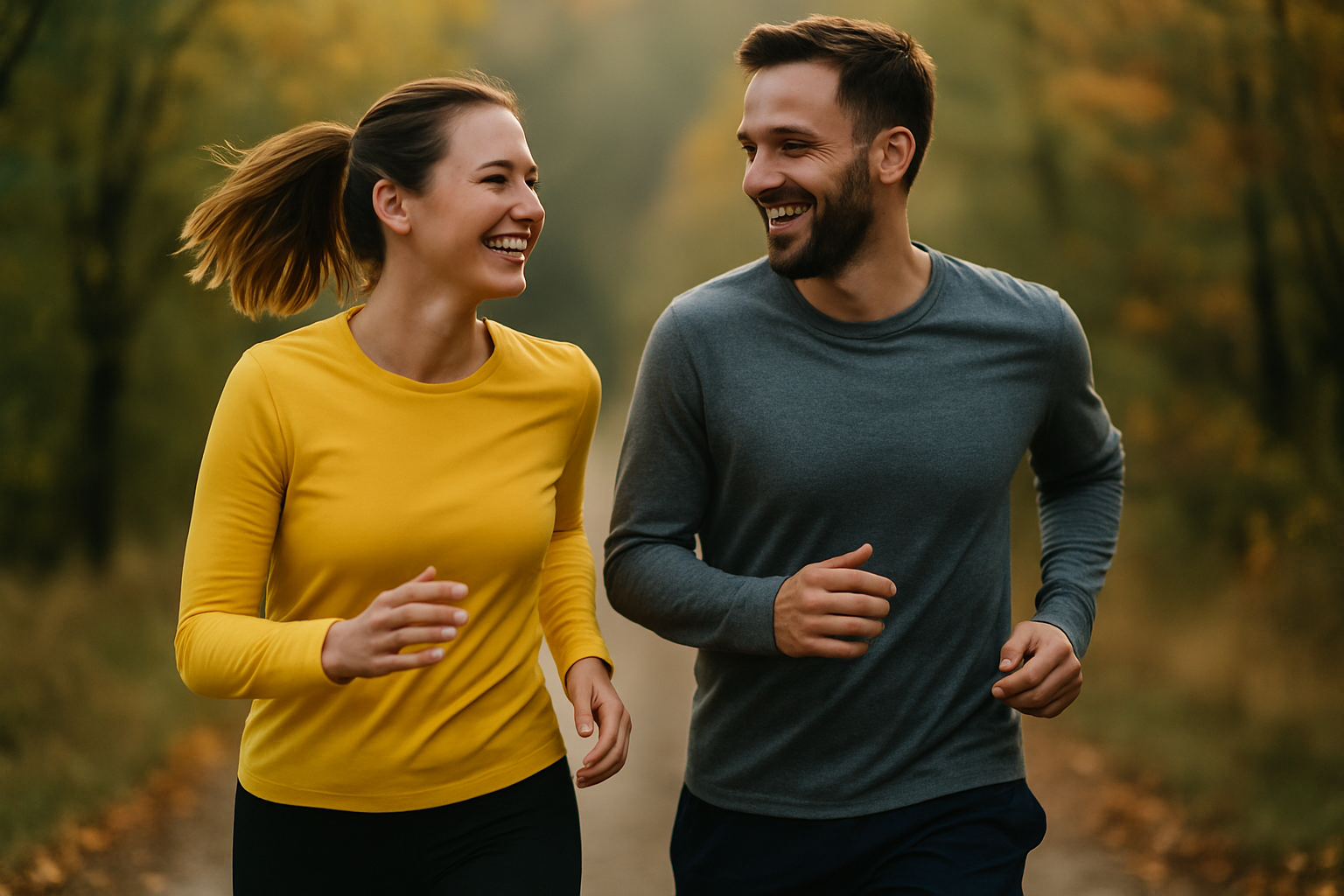 Two people jogging outdoors in a natural setting